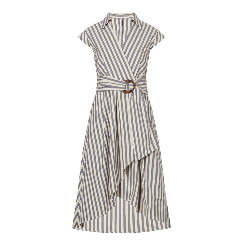 Canvas stripe print wrap dress, Marella, €274 at arnotts.ie
