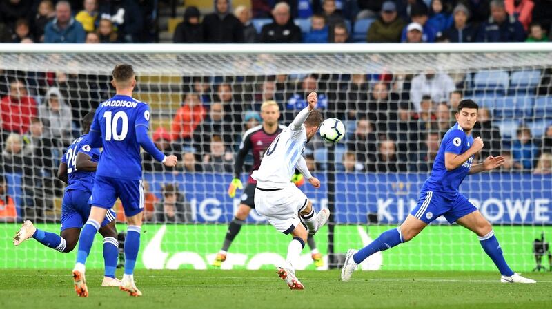 Everton’s Gylfi Sigurdsson fires home the winning goal in the Premier League match against Leicester City  at The King Power Stadium. Photograph: Michael Regan/Getty Images