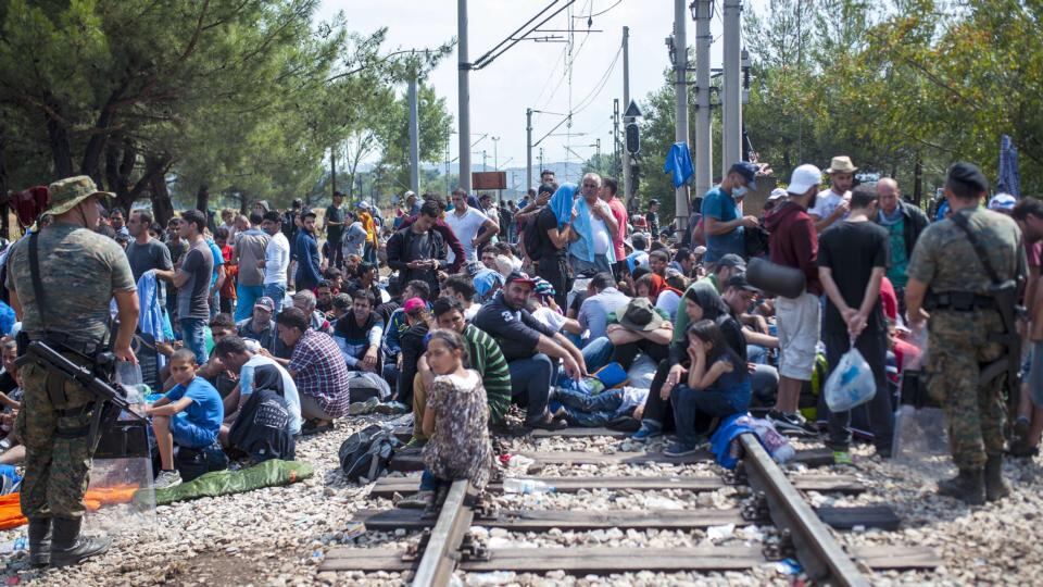 Macedonian special police forces block the illegal border crossing between Macedonia and Greece. Photograph: Robert Atanasovski/AFP/Getty Images