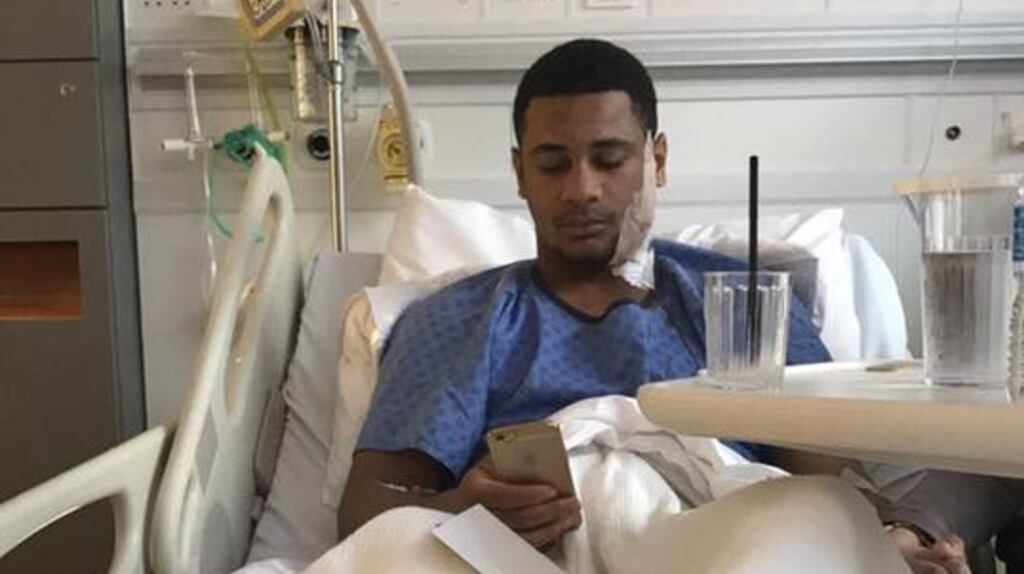 Caoimhín Hynes from Belfast’s Holy Trinity club in hospital after being attacked on a night out. Photograph: Eoaghan Junior/Facebook