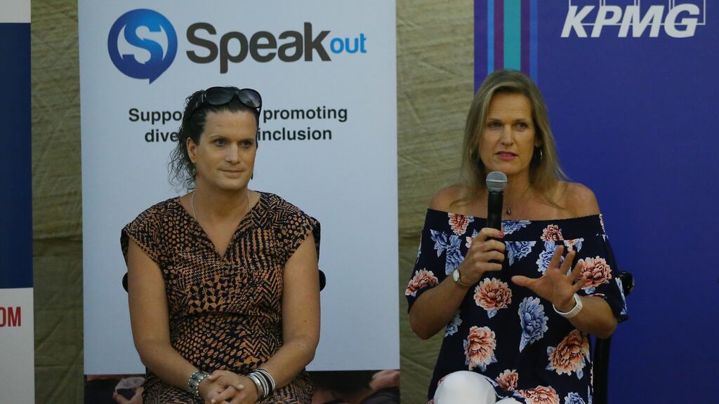 Kristen Worley and professional golfer and trans rights campaigner Mianne Bagger address guests during a Speak Out event. Photograph: Don Arnold/WireImage