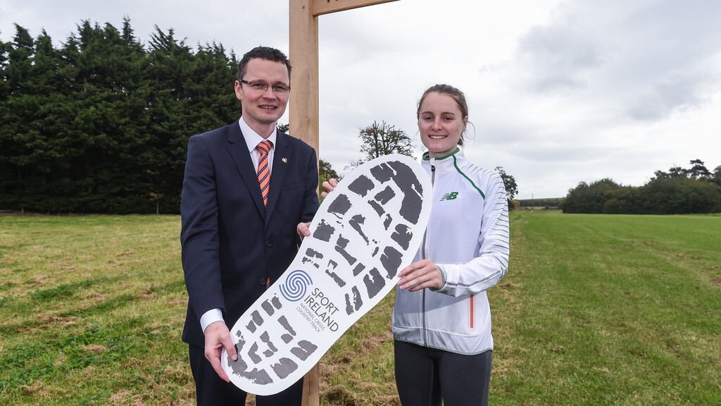 Minister of State for Tourism and Sport, Patrick O’Donovan with Irish cross country runner Ciara Mageean at the opening of the Sport Ireland National Cross Country Track. Photograph: Sportsfile
