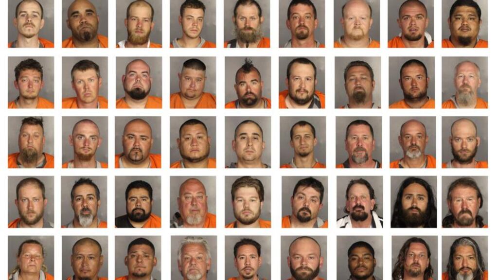Men arrested and charged with crimes stemming from a shoot-out and fight between biker gangs outside the Twin Peaks bar and restaurant in Waco, Texas, on Sunday. Photograph: McLennan County Sheriff’s Department via New York Times service