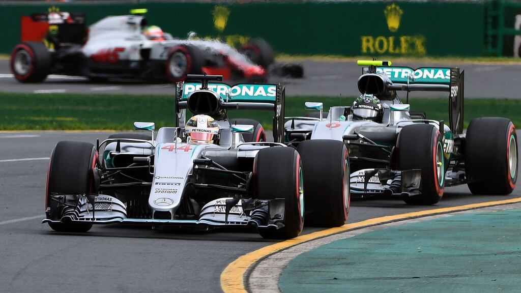Lewis Hamilton leads team mate Nico Rosberg of Germany during qualifying of the Formula One Australian Grand Prix in Melbourne. Photograph: Getty Images