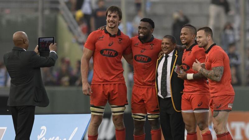 South Africa’s head coach Allister Coetzee with (L-R) lock Eben Etzebeth, flanker Siya Kolisi (C), outhalf Elton Jantjies and scrumhalf Francois Hougaard. Photograph: Juan Mabromata/AFP