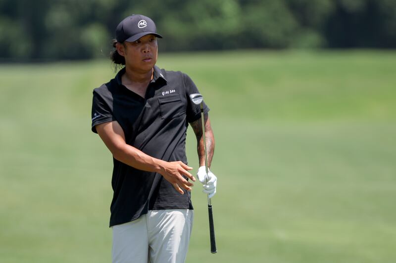 Anthony Kim reacts on the fourth fairway during day one of the LIV Golf Invitational in Humble, Texas. Photograph: Tim Warner/Getty Images