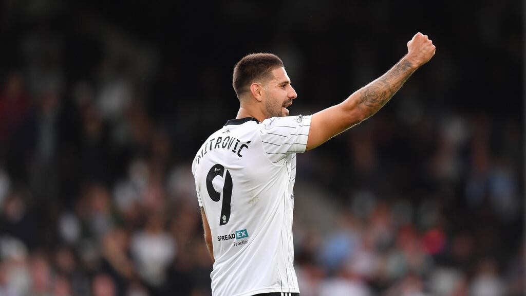 Fulham’s Aleksandar Mitrovic celebrates scoring his side’s third goal during the Championship match against Stoke at Craven Cottage. Photograph: Ashley Western/PA Wire