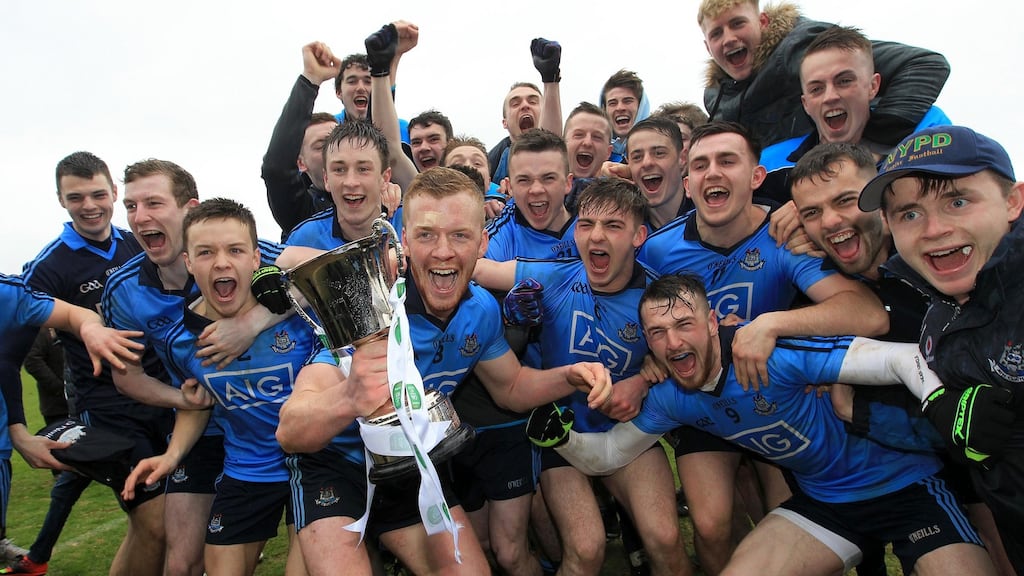 The Dublin team celebrate their extra-time victory over Kildare. Photograph: Lorraine O’Sullivan/Inph