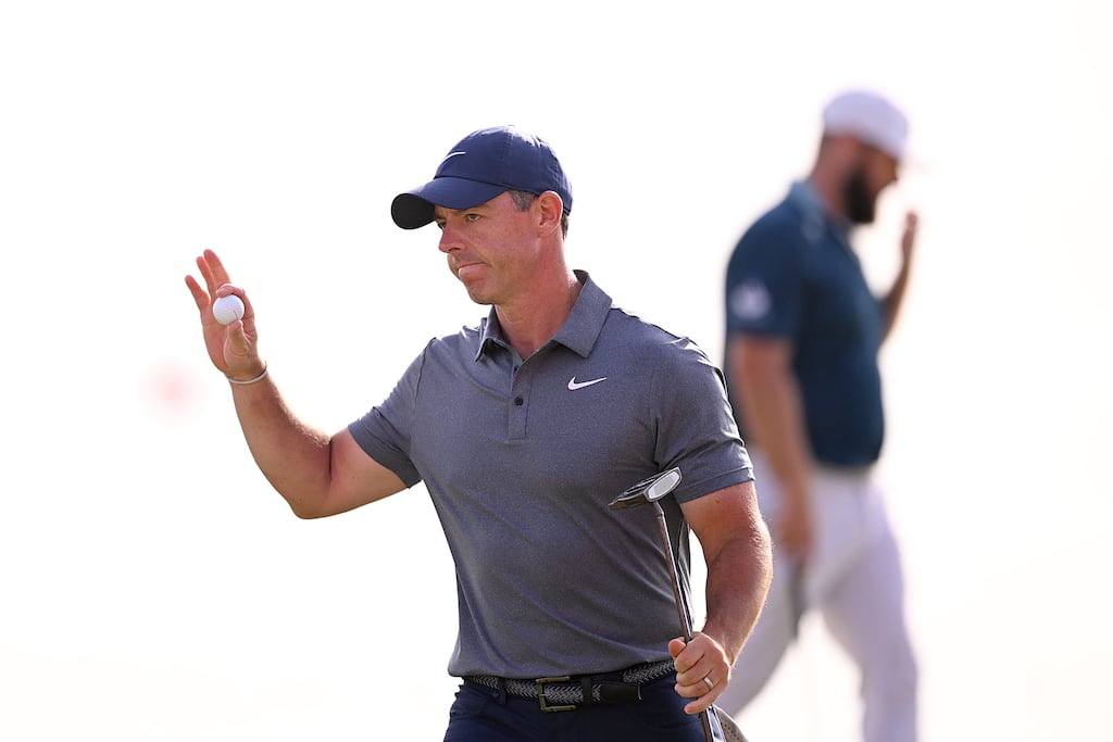 Rory McIlroy of Northern Ireland acknowledges the crowd on the 18th green. Photograph: Ross Kinnaird/Getty