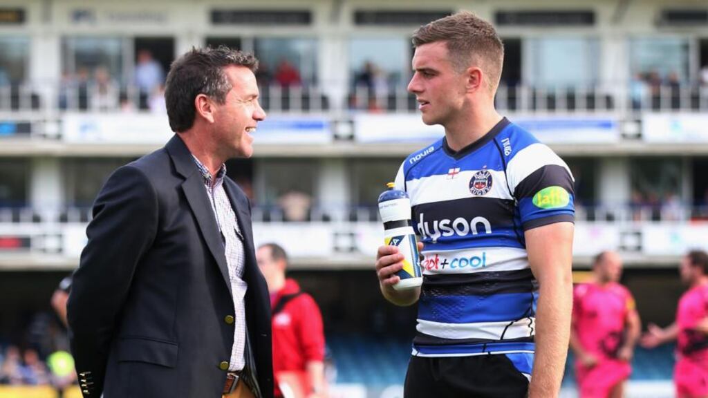 Bath’s director of rugby Mike ford talks to his son George, the outhalf of that club and England. George will have a pivotal position as kicker when England come to Dublin for the Six Nations game on Sunday. Photograph: David Rogers/Getty.