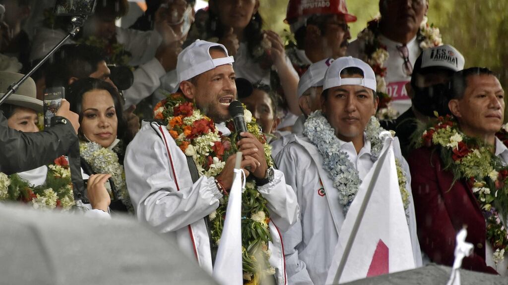 Presidential candidate for the far right  Creemos party, Luis Fernando Camacho,  addresses supporters during a campaign rally in La Paz  ahead of the upcoming general election in Bolivia on October 18th. Photograph: Aizar Raldes/AFP/Getty