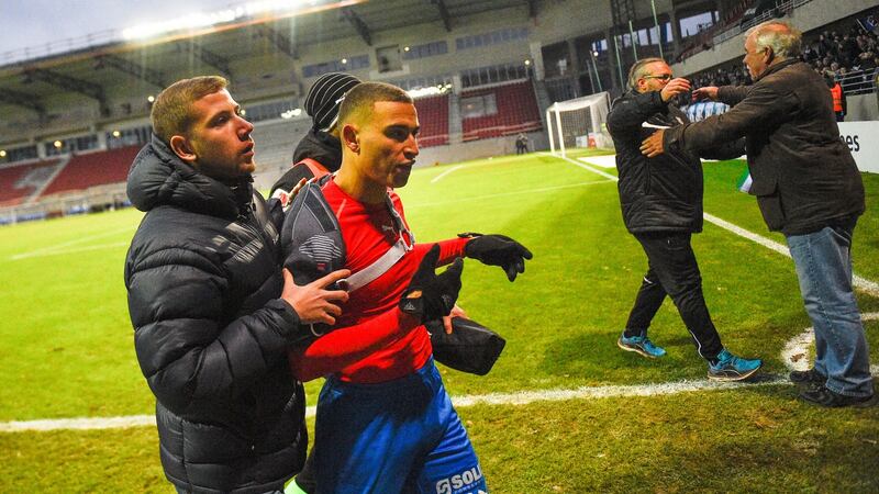 Helsingborg’s Jordan Larsson (the son of Henrik Larsson) leaves the field after losing their relegation play-off game against Halmstad. Photo: EPA