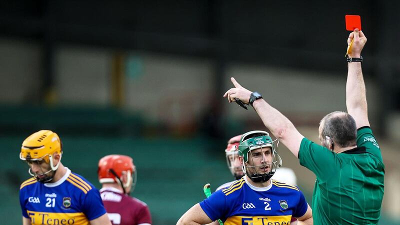 Tipperary’s Cathal Barrett is sent off during the All-Ireland SHC quarter-final against Galway at the LIT Gaelic Grounds in Limerick. Photograph: Tommy Dickson/Inpho