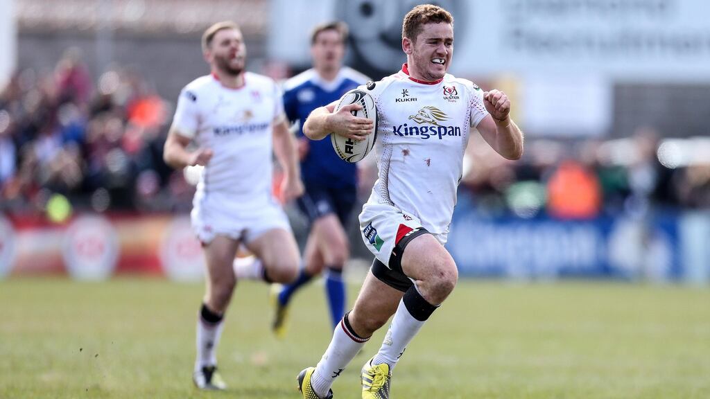 Ulster outhalf Paddy Jackson runs in a try late in the Guinness Pro 12 victory over Leinster at Kingspan Stadium in Belfast. Photograph: Darren Kidd/Inpho/Presseye