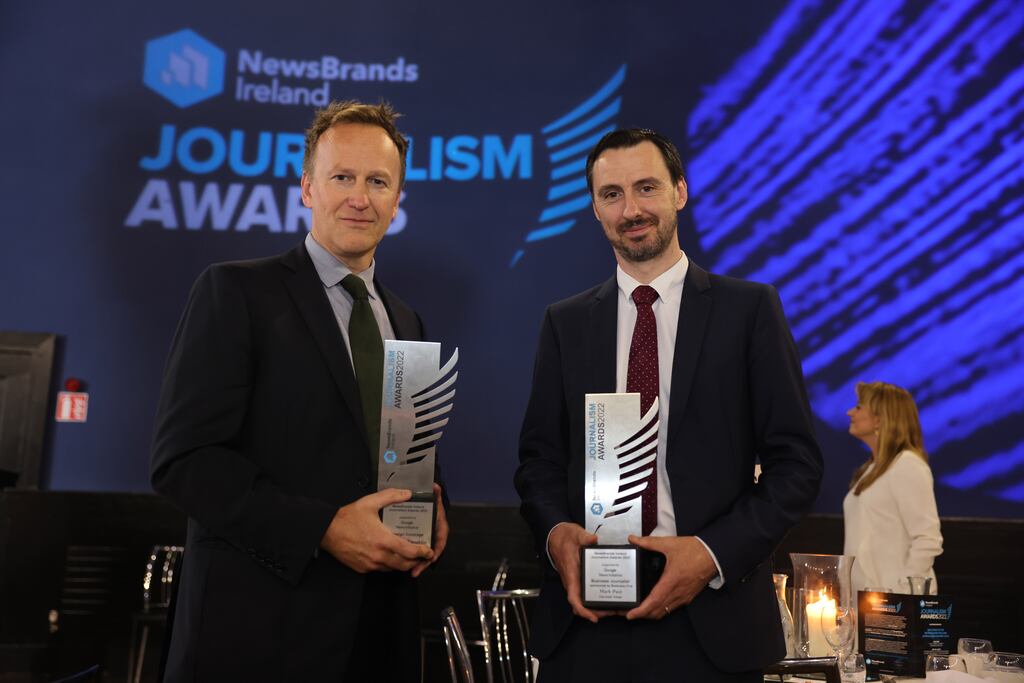 Pictured at the NewsBrands Ireland Journalism Awards supported by Google News Initiative, are The Irish Times journalists Daniel McLoughlin who was awarded the Foreign Coverage award and Mark Paul, who was awarded the Business Journalist of the Year award. The broadsheet features award went to Rosita Boland, in abstensia.  
Photograph: Dara Mac Dónaill / The Irish Times