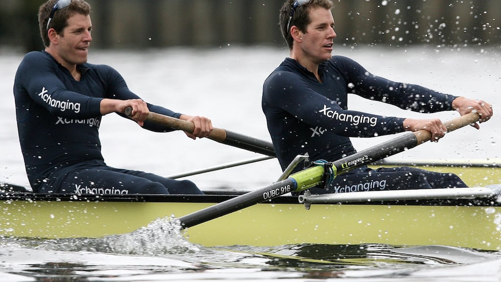 Tyler Winklevoss and Cameron Winklevoss of Oxford during the boat race between Oxford and Leander, as a preview to the 2010 Oxford and Cambridge University Boat Race on the River Thames in London. Photograph: Jan Kruger/Getty Images