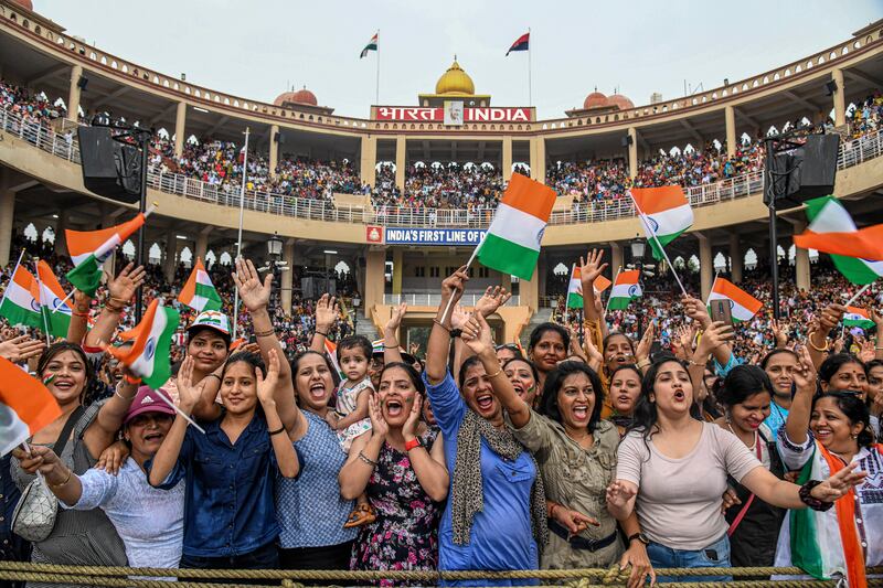 Spectators at the flag-lowering ceremony on the Indian side of the Attari-Wagah border post, near Amritsar, India. Photograph: Atul Loke/The New York Times
