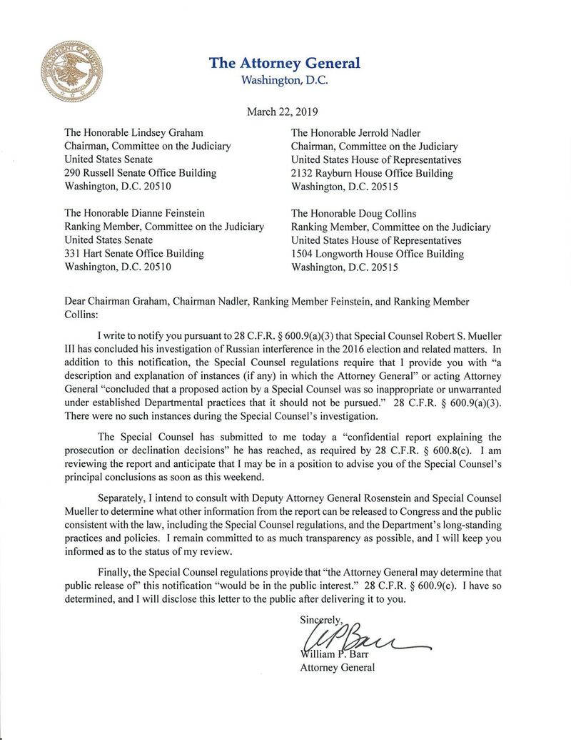 A copy of a letter to lawmakers fromattorney general William Barr stating that the investigation by Robert Mueller has been concluded. Photograph: Department of Justice/Handout/Reuters