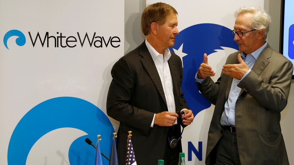 Gregg Engles, chairman and chief executive officer of WhiteWave with Franck Riboud, chairman of French food group Danone. Photograph: John Schults/Reuters
