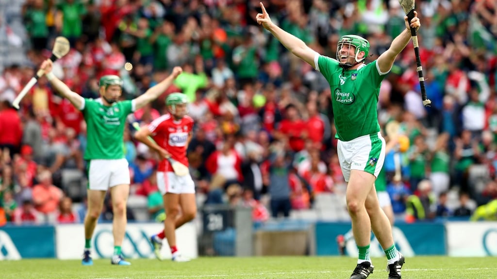 Shane Dowling celebrates Limerick’s extra-time win over Cork in Croke Park. Photograph: James Crombie/Inpho