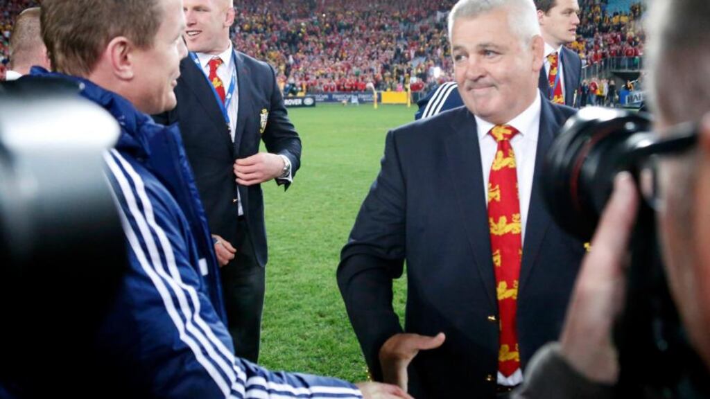 British and Irish Lions head coach Warren Gatland shakes hands with Brian O’Driscoll after winning their series over Australia at the ANZ stadium in Sydney. Photograph: Reuters