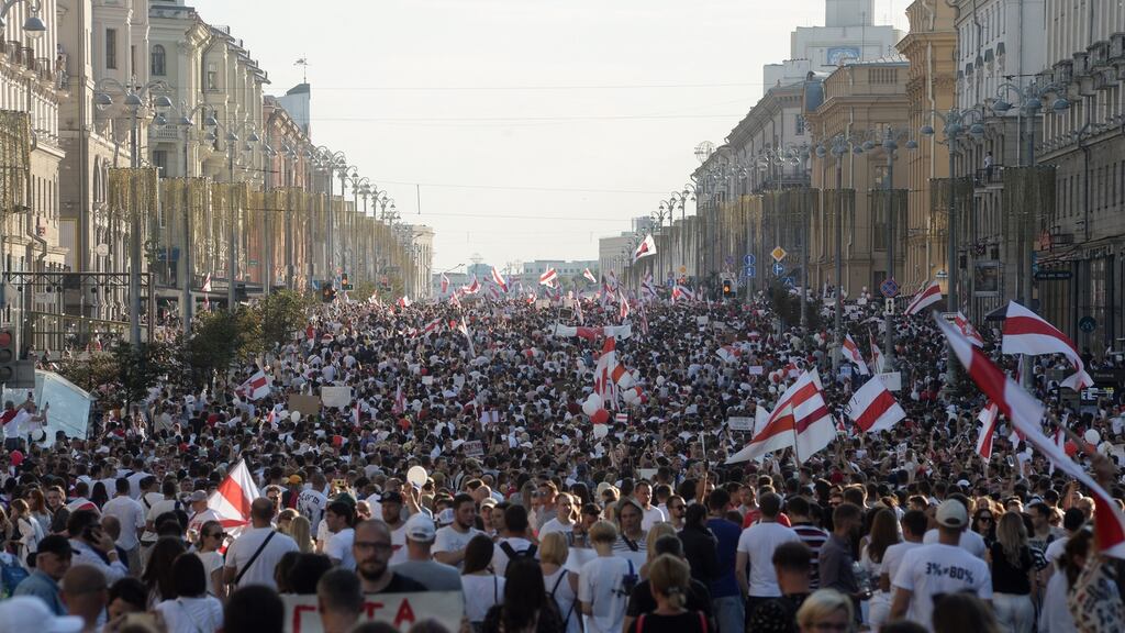 A rally in Minsk, Belarus, in support of the Belarusian opposition, and against police brutality and the results of the  presidential election.  Photograph: EPA/Yauhen Yerchak