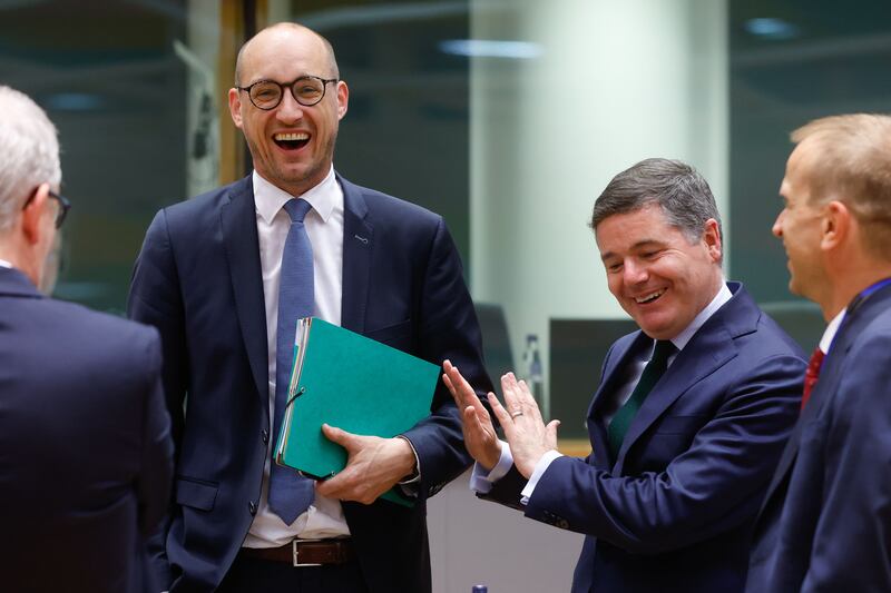 Eurogroup president and Minister for Finance Paschal Donohoe speaks with colleagues at a meeting of the European Council in Brussels in July. He could lose his presidency if he has to step down as finance minister. Photograph: Stephanie Lecocq/EPA/Shutterstock