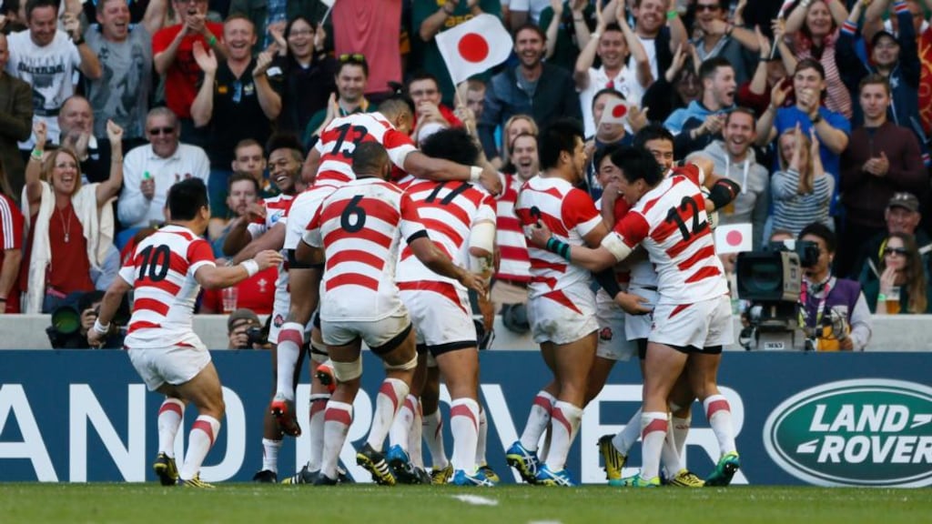 Japan celebrate Ayumu Goromaru’s try against South Africa. Photograph: Stefan Wermuth/Reuters