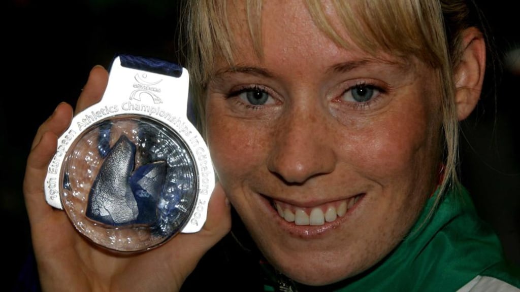 Derval O’Rourke with her silver medal from the 2006 European Championships in Gothenburg. O’Rourke is in line to claim another medal retrospectively from the 2013 Indoor European Championships, also in Gothenburg. She finished fourth in the final but race winner Nevin Yanit subsequently tested positive. Photograph: David Sleator