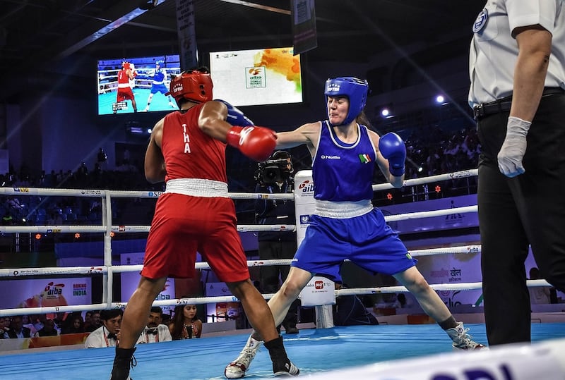 Ireland’s Kellie Harrington in action against Sudaporn Seesondee of Thailand in the final of the lighweight division at the Women’s World Championships in New Delhi, India. Photograph: AIBA