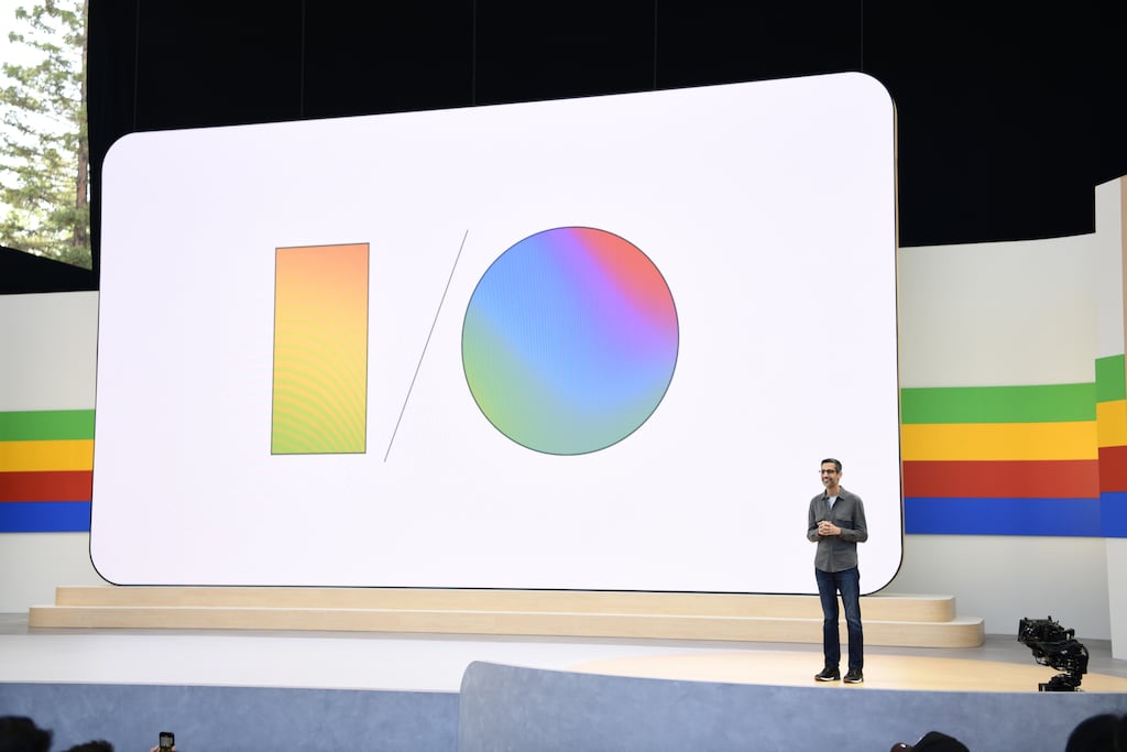 Google chief executive Sundar Pichai speaking at its annual developer conference in California last week. Photograph: Google/PA