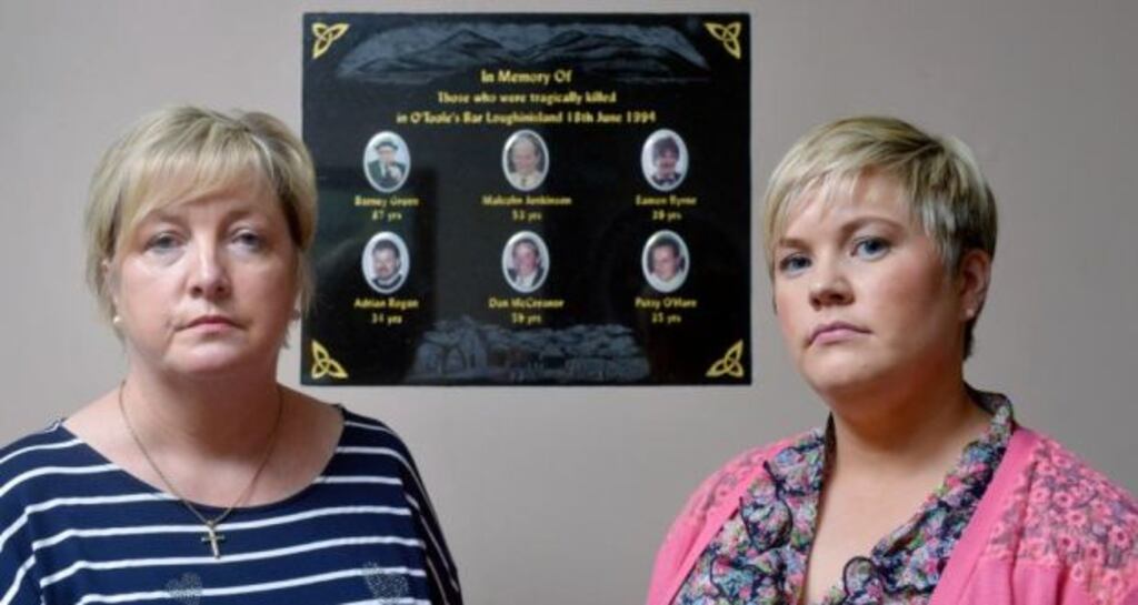 Emma and Claire Rogan, the daughter and wife of Adrian Rogan who was killed at the Heights Bar in Loughinisland twenty years ago. Photograph: Colm Lenaghan/Pacemaker