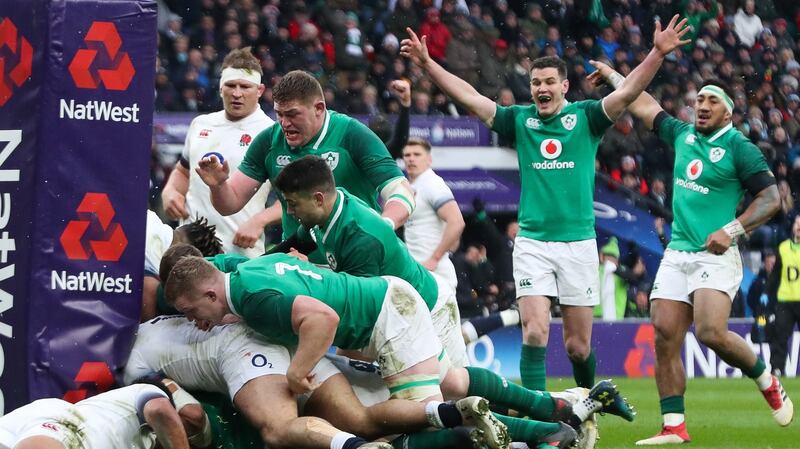 Piling on the points: Ireland’s CJ Stander scores a try during the 2018 win over England. Photo: Billy Stickland/Inpho