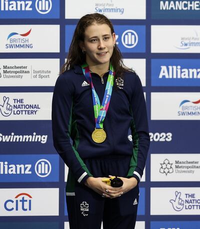 Róisín Ní Riain after winning gold in the Women's 100m Backstroke at the Para Swimming World Championships in Manchester last August. Photograph; Bruce White/Inpho