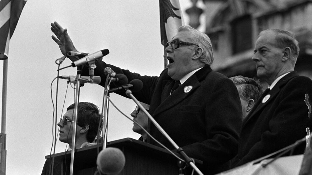 Ian Paisley and Jim Molyneaux address the 250,000 crowd at the anti Anglo-Irish rally in Belfast in 1985 where he made in infamous Never Never Never speach.