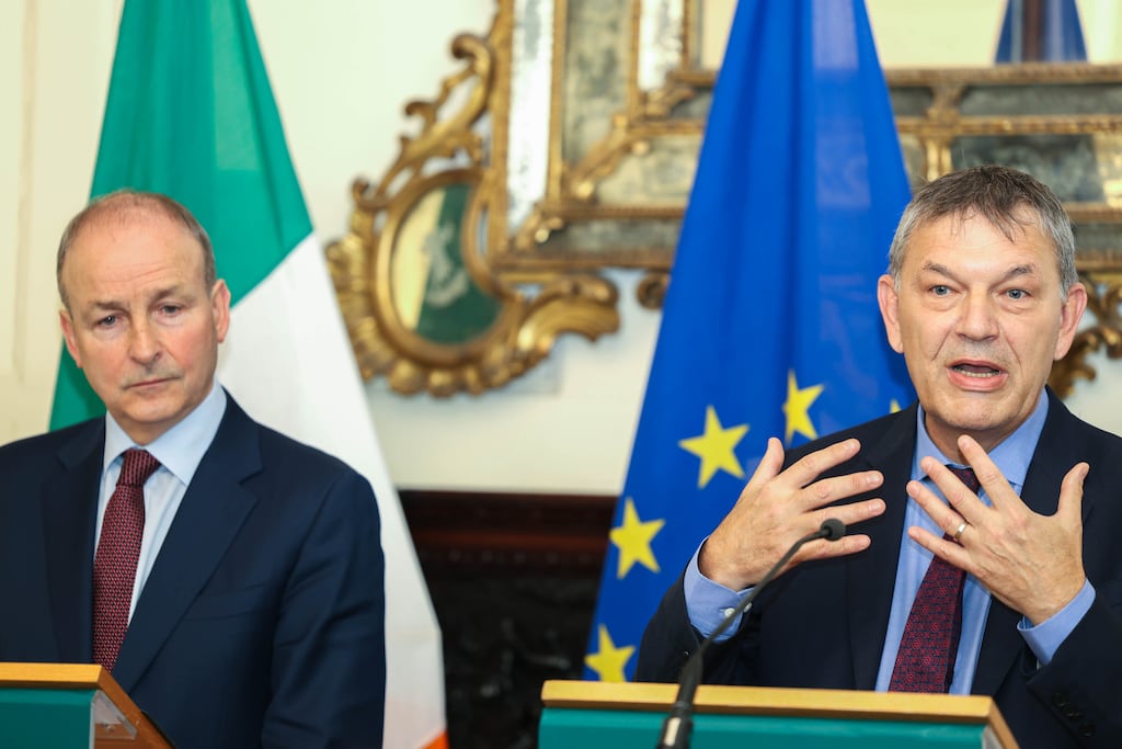 Tánaiste and Minister for Foreign Affairs Micheál Martin with Unrwa Commissioner General Philippe Lazzarini at a press conference in Iveagh House, Dublin. Photograph: Leah Farrell/RollingNews.ie
