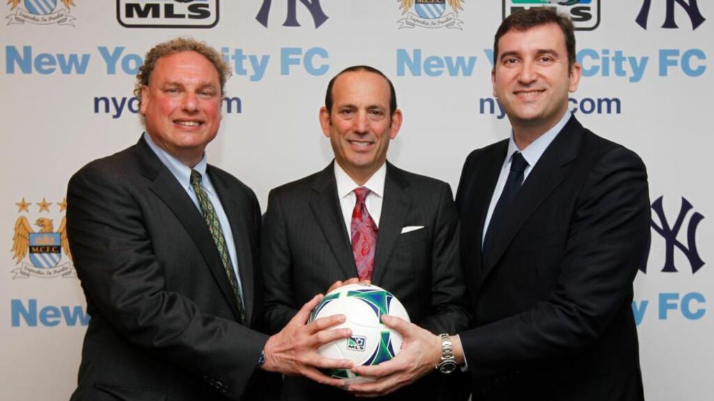 New York Yankees’ Randy Levine (left), MLS commissioner Don Garber (centre) and Manchester City chief executive Ferran Soriano.