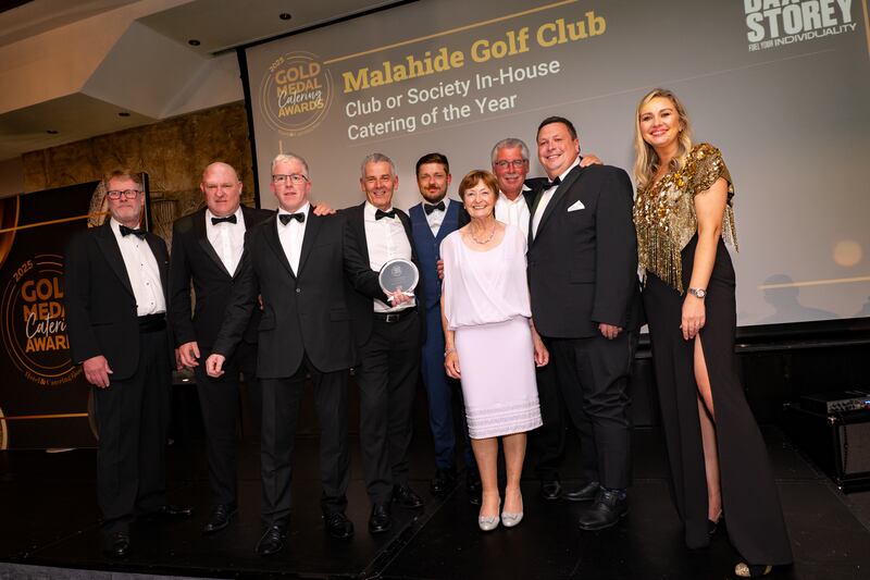 John Farrell, business development director at Baxter Storey; Anton Roseler, head chef at Malahide Golf Club; Eddie Farrell, general manager at Malahide Golf Club; Michael Lowry, bar manager at Malahide Golf Club; Michael Babic, catering manager at Malahide Golf Club; Nuala O’Flaherty, captain at Malahide Golf Club; Tommy Rusk, president at Malahide Golf Club; Paul O’Connor, honorary treasurer at Malahide Golf Club; Anna Daly, MC of the night. Photographer: Ruben Morrissey-Fernandez/Ruby Productions
