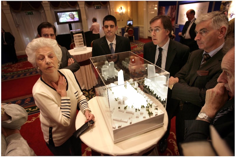 Resident of Shelbourne Road Anne Collins in the Berkeley Court Hotel looking at the proposed plans for the 37-storey tower planned for the Jurys Berkeley court site. Photograph: Brenda Fitzsimons