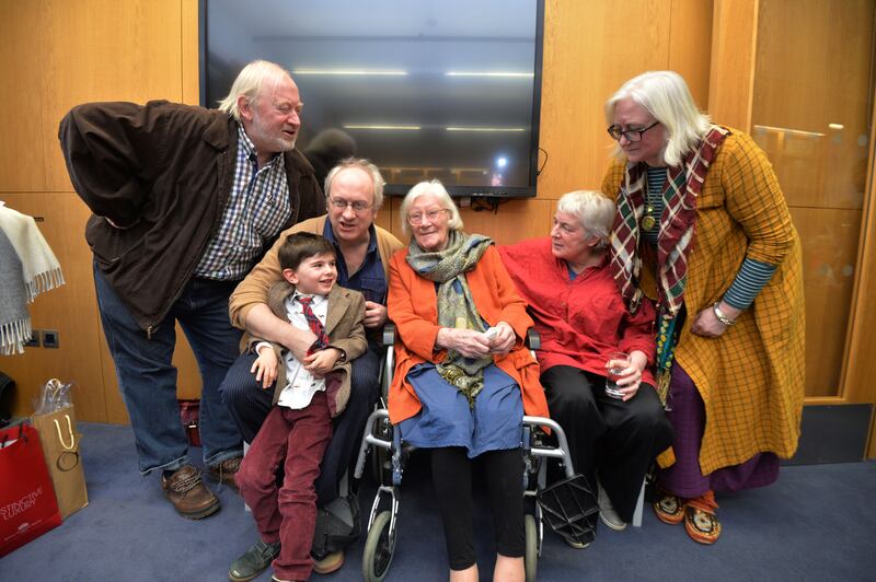 Jennifer Johnston at the opening of an exhibition of her work with her sons Paddy and Malachi and daughters Sarah and Lucy and grandson Attikos Lemos Smyth. Photograph: Alan Betson