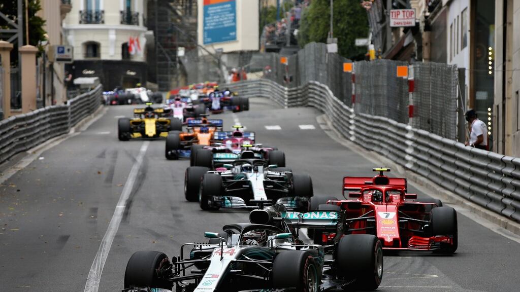 Lewis Hamilton of Great Britain in Team Mercedes  leads Kimi Raikkonen of Finland  during the Monaco Formula One Grand Prix  in Monte Carlo on Sunday. The race was won by Red Bull’s Daniel Ricciardo. Photograph: Charles Coates/Getty Images