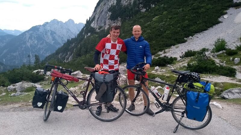 Thomas Moran with his friend Ben at Vrisic Pass in Slovenia.