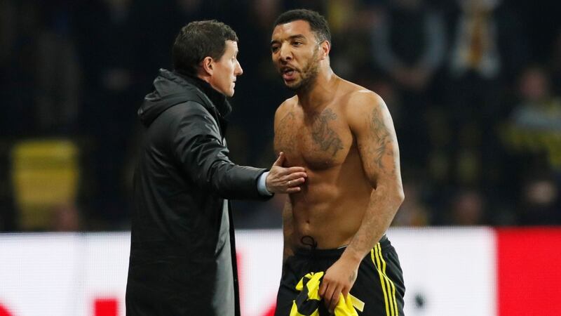 Watford’s Troy Deeney walks past manager Javi Gracia after being sent off. Photograph: David Klein/Reuters