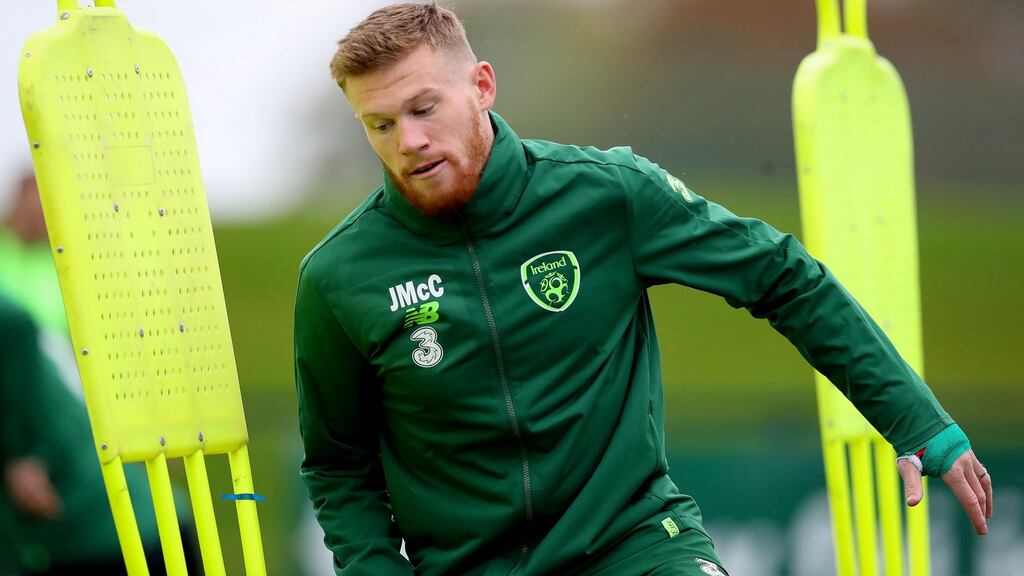 James McClean at the Republic of Ireland squad training in Dublin on Friday. Photograph: Ryan Byrne/Inpho