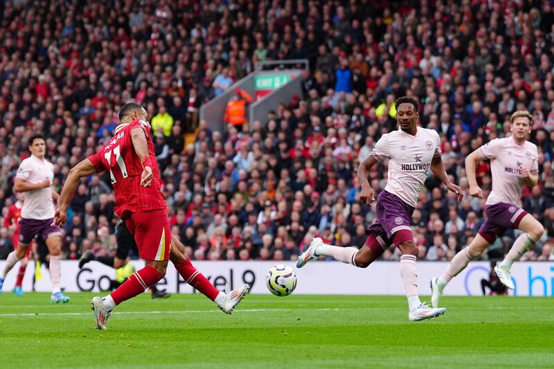 Mohamed Salah scores Liverpool's second goal. Photograph: Peter Byrne/PA Wire