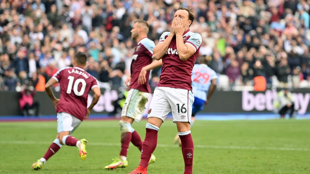 Mark Noble of West Ham United reacts after missing a penalty which was saved by David De Gea of Manchester United. Photo: Justin Setterfield/Getty Images