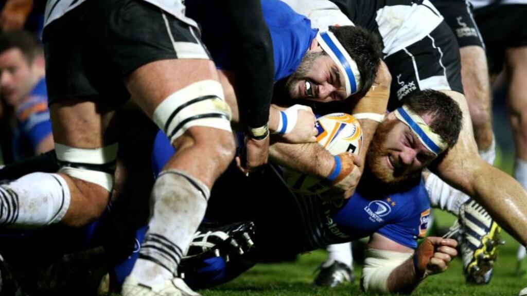 Leinster’s Martin Moore and Michael Bent. Photograph: James Crombie/Inpho