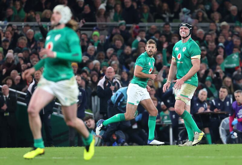 Outhalf Ross Byrne (centre) kicked the winning penalty for Ireland in their last meeting with Australia at the Aviva in November 2022. Photograph: Bryan Keane/Inpho