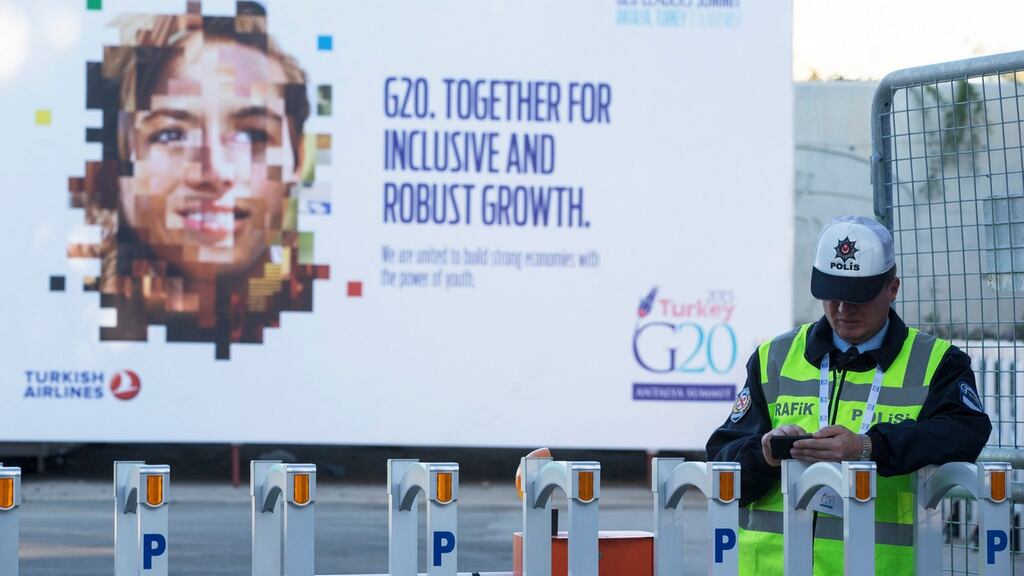 A security check at the G20 summit in Antalya, Turkey: world leaders will discuss the war in Syria. Photograph: Tolga Bozoglu/EPA