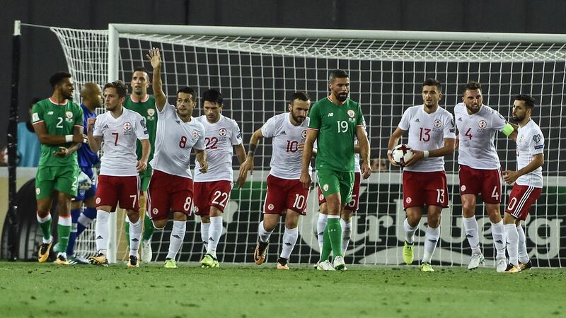 Valeri Kazaishvili celebrates scoring Georgia’s equaliser in Tbilisi. Photo: David Maher/Sportsfile via Getty Images